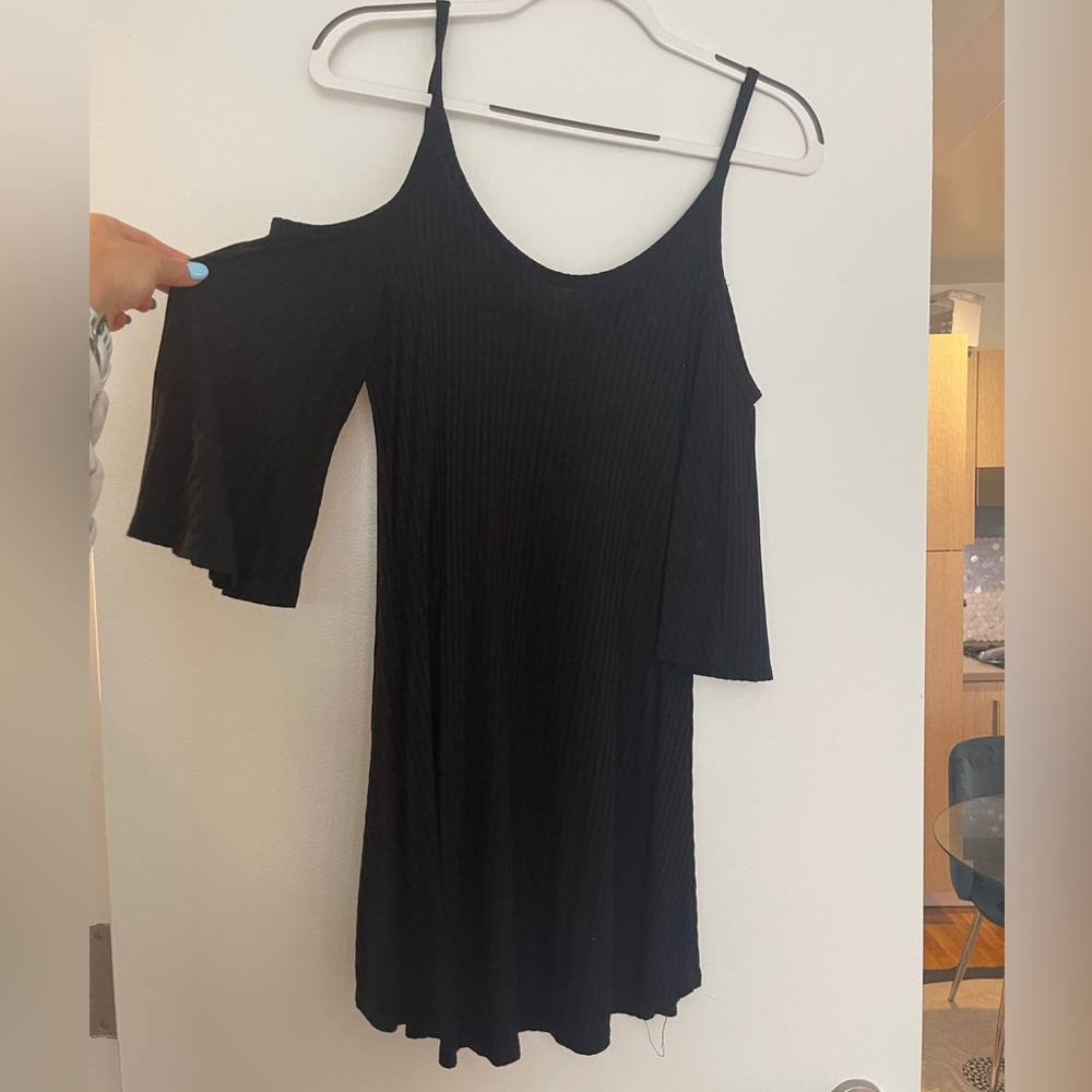 Open shoulder, black, thing strap dress. Thin material. Medium
